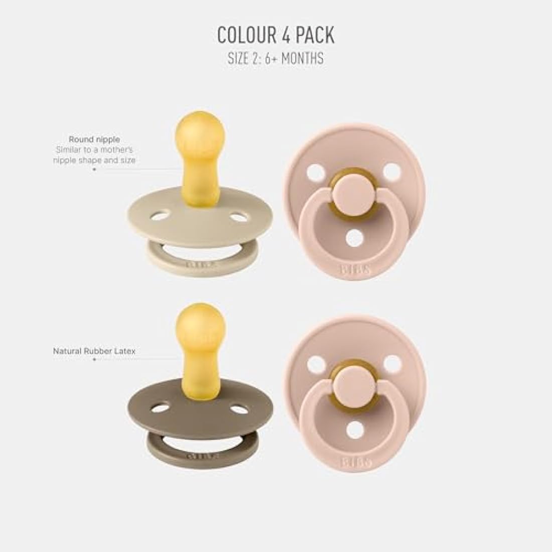 BIBS Colour Pacifier 4-Pack | Natural Rubber Latex Soothers, 6-18 Months