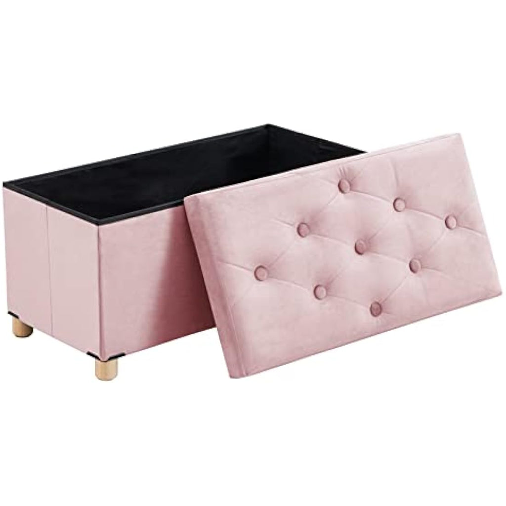Pink Velvet Storage Ottoman – Foldable Stool with Wood Legs