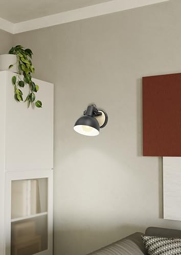 Eglo Lubenham Vintage Industrial Wall Light – Black Steel & Wood
