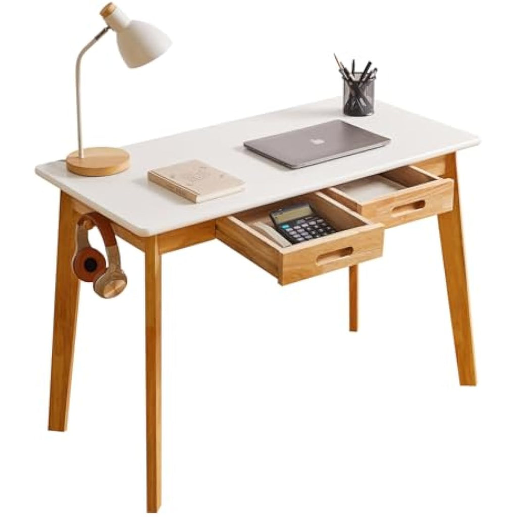 Aibiju Solid Wood Computer Desk – Mid-Century Writing Table with Drawers