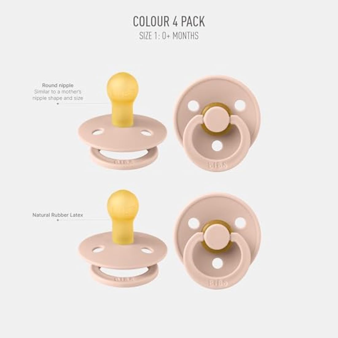 BIBS Colour Pacifier 4-Pack | Natural Rubber Latex Soothers, Size 1