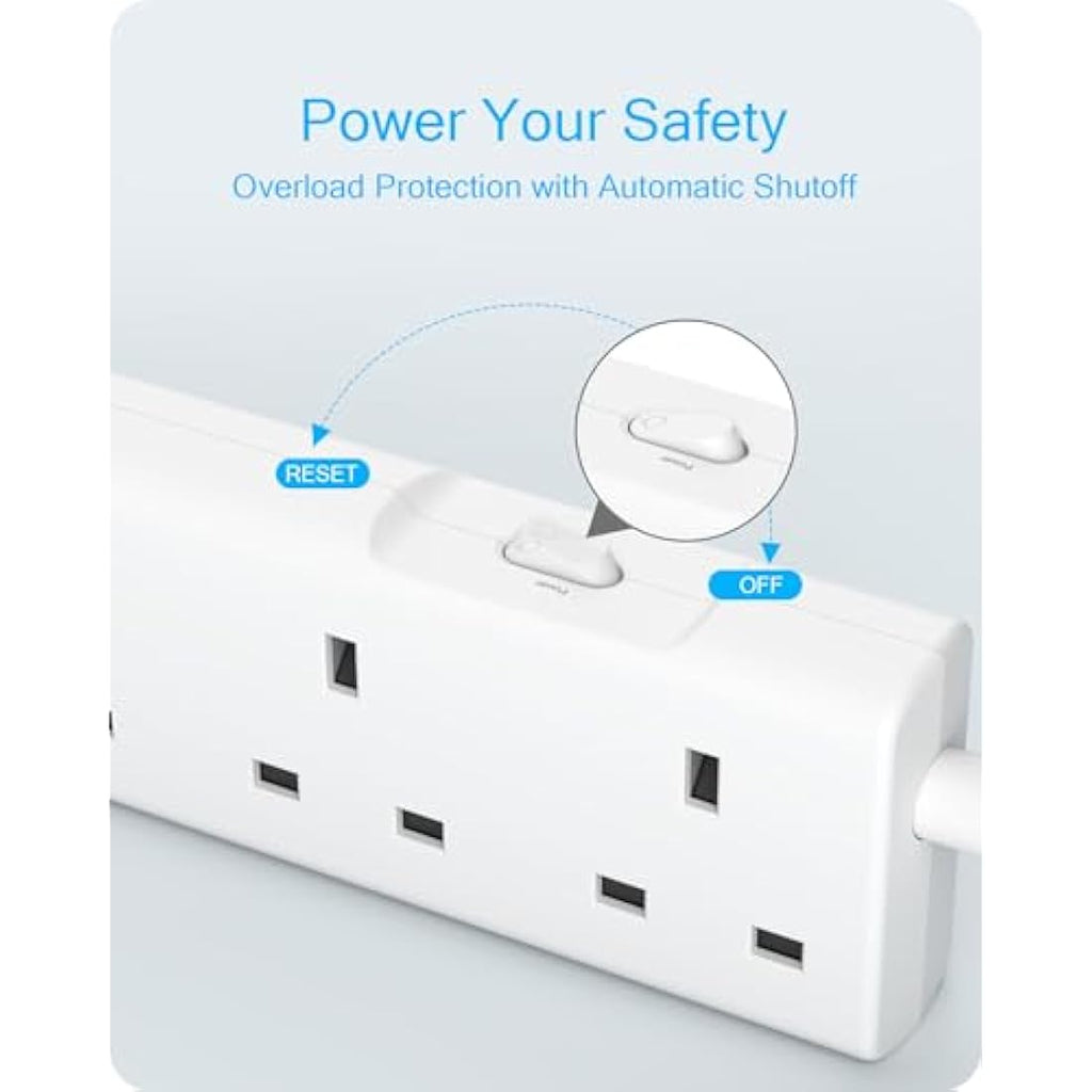 LENCENT 6-Way Power Strip with USB-C | 3M Braided Extension Lead