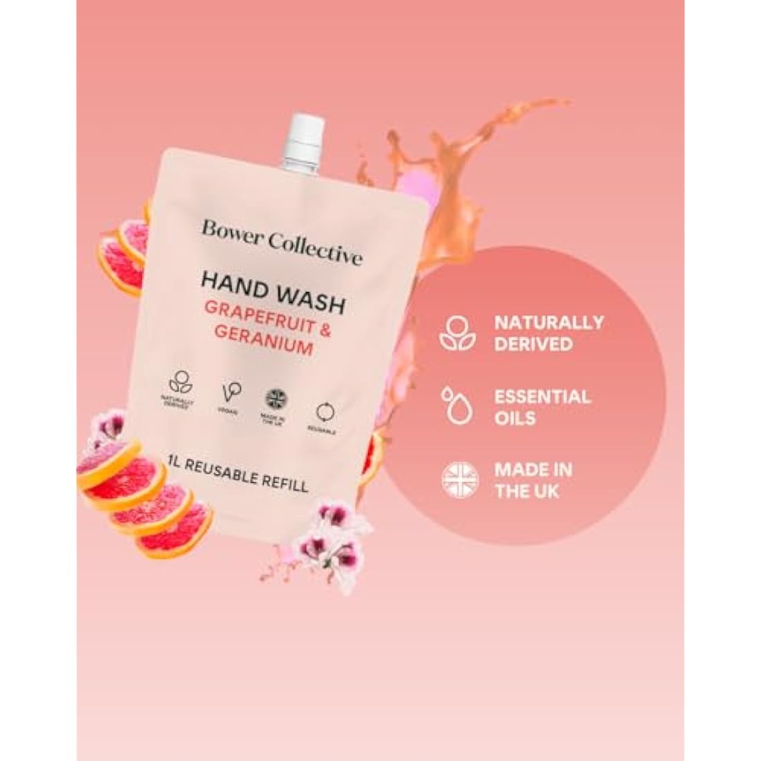 Bower Collective Antibacterial Hand Soap Refill - Geranium & Grapefruit 1L