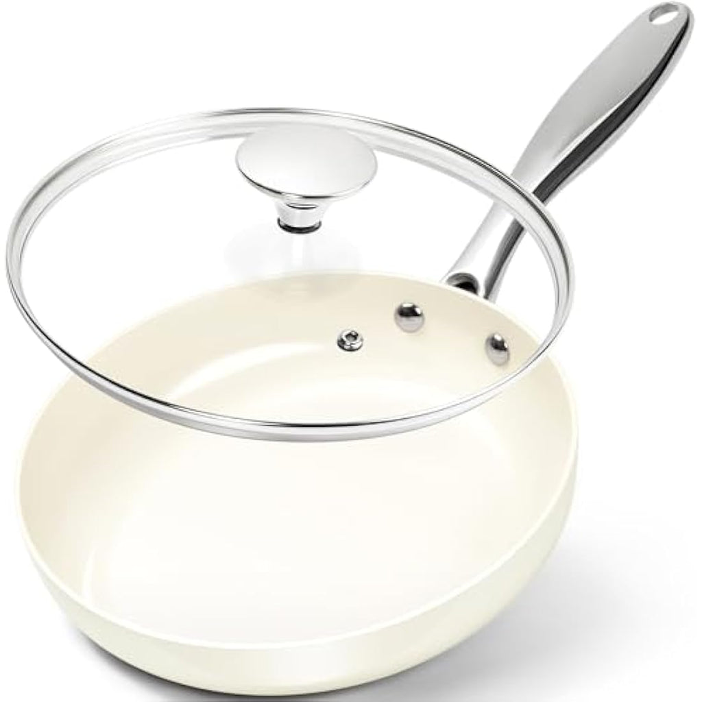 Michelangelo 20cm Ceramic Frying Pan with Lid | Non-Stick Cream White