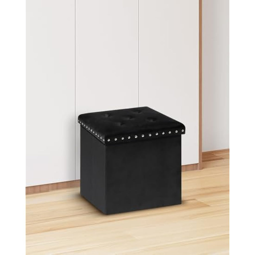 Bonlife Velvet Storage Ottoman | Folding Footstool & Coffee Table - Black
