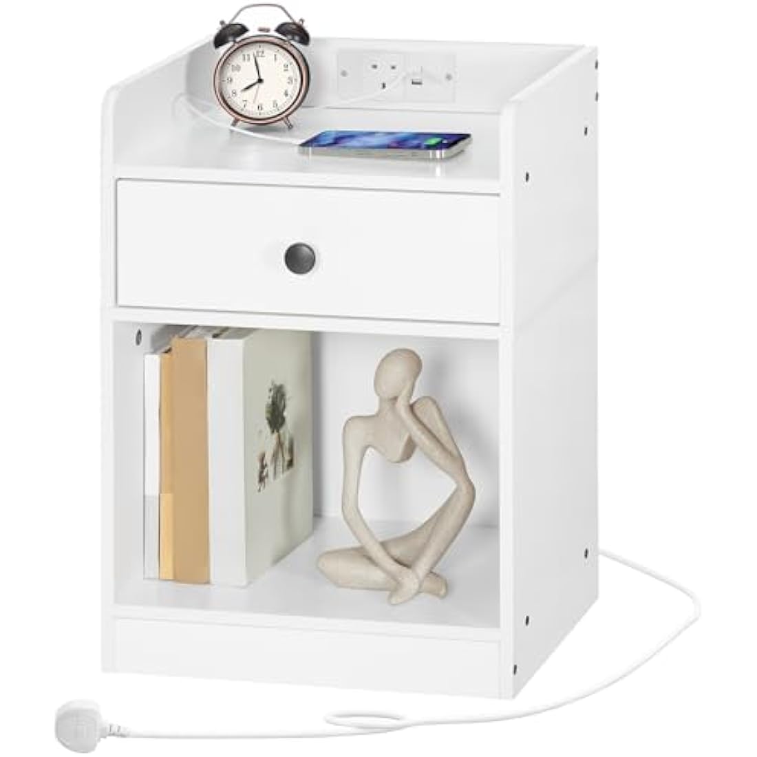 HOOBRO White Bedside Table with Charging Station and Drawer