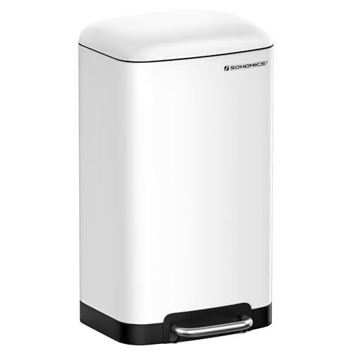 SONGMICS 30L Kitchen Bin – Steel Pedal Rubbish Bin with Soft Close, White