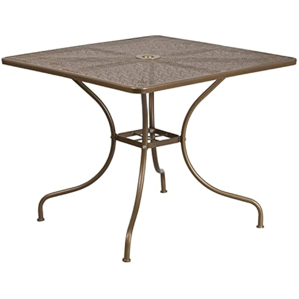Flash Furniture Oia 35.5" Square Gold Steel Patio Table with Umbrella Hole