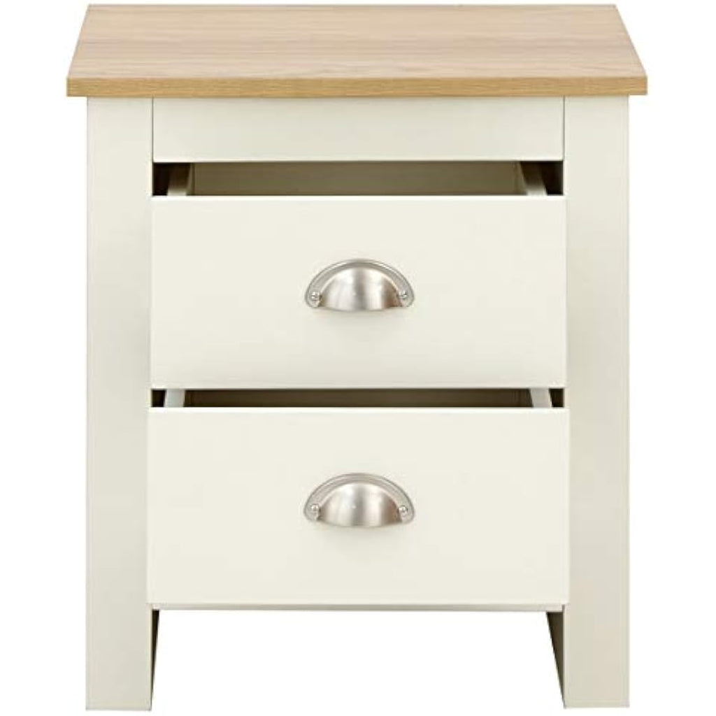 Lancaster Bedside Cabinet – Cream with Oak Top 2-Drawer Storage