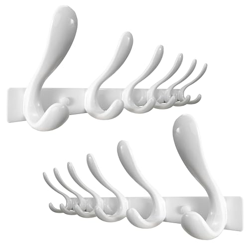 HONSKY Metal Wall Mounted Coat Rack – Heavy Duty 6 Double Hooks, White, 2 Pack