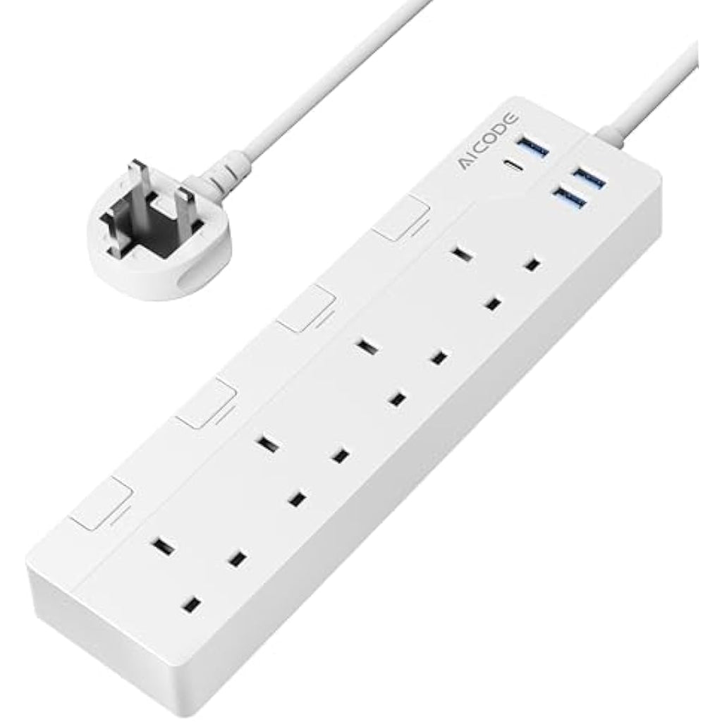 AICODE 4-Way Extension Lead with USB-C | 1.5M Surge Protected Power Strip