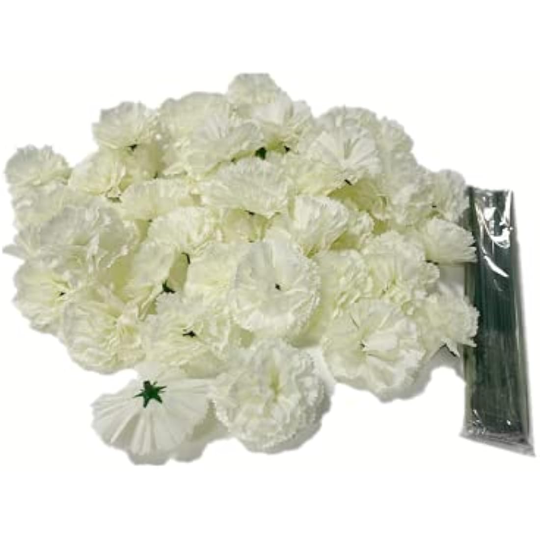 50pc White Silk Carnation Flower Heads with 8" Wired Stems