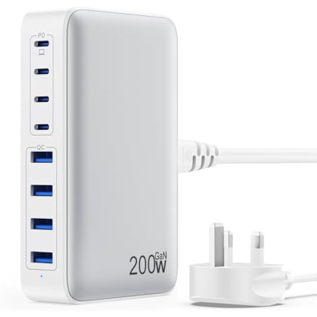 200W GaN III 8-Port USB C Fast Charger Station – White