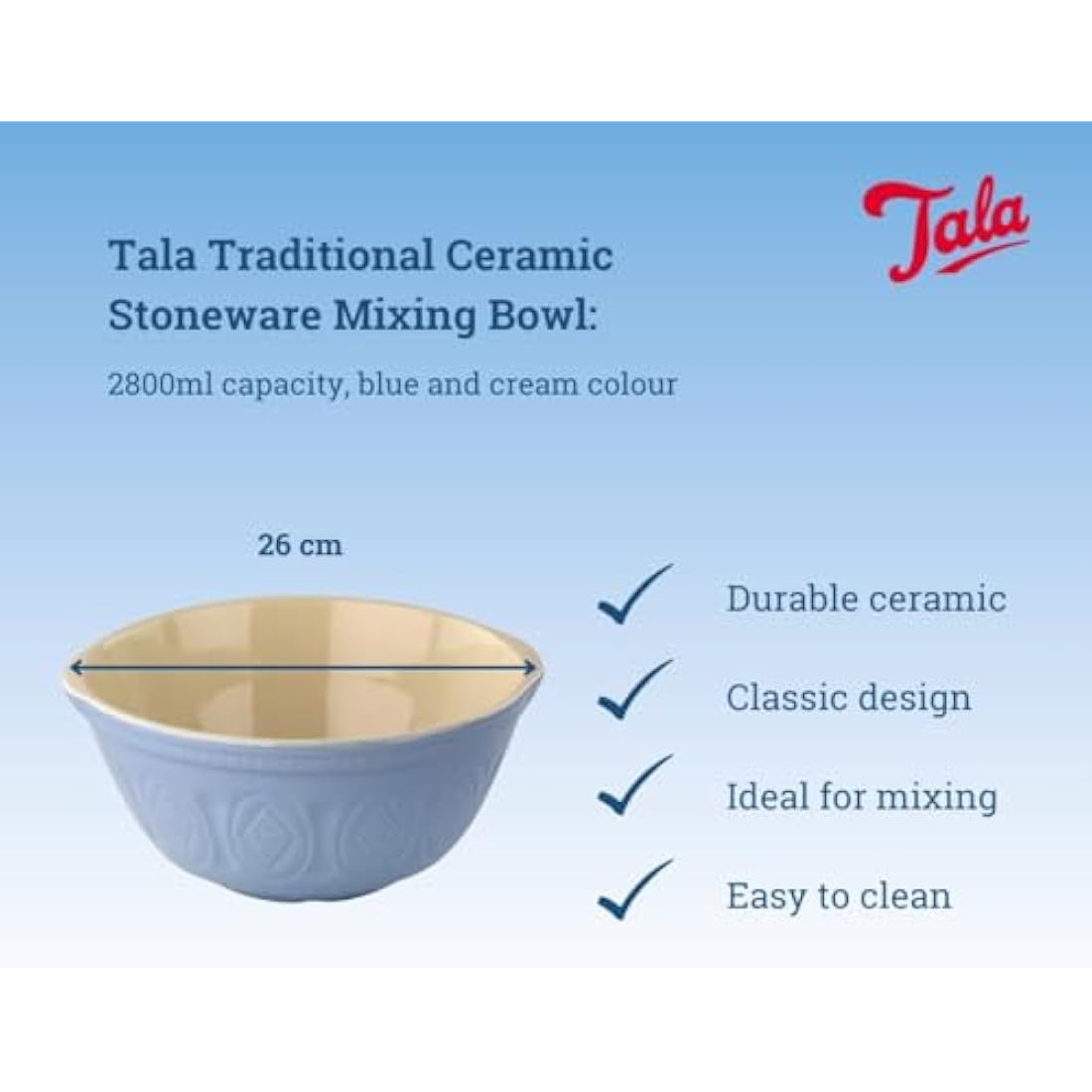 Tala Traditional Stoneware Mixing Bowl - Blue and Cream, 2800ml