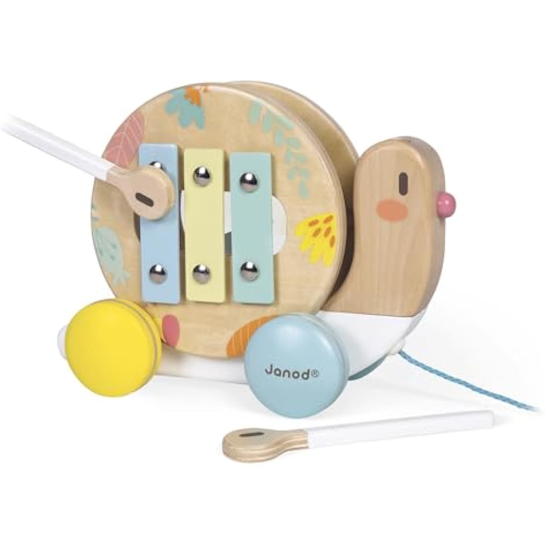 Janod Pure Wooden Pull-Along Snail | Musical Xylophone & Tambourine Toy