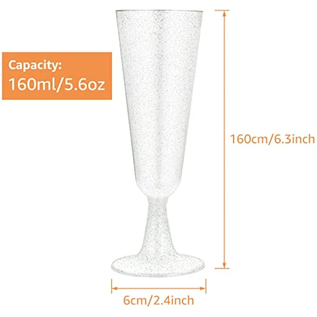 JMIATRY 100 Pcs Plastic Champagne Flutes – 5.6oz Shatterproof Silver Glitter