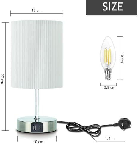 HSLighting Touch Control Bedside Lamps with USB A+C Ports, 2 Pack