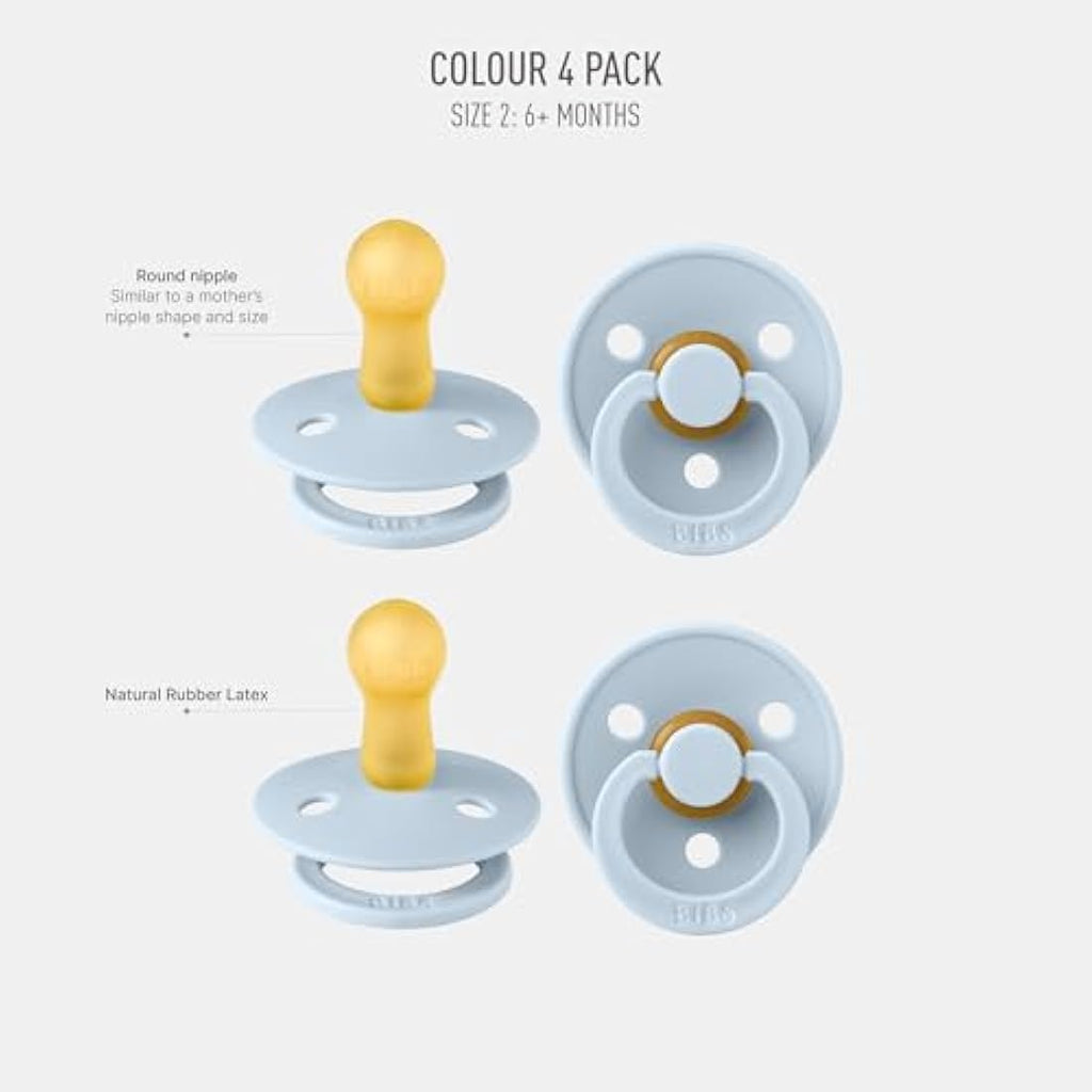BIBS Colour Pacifier 4-Pack | Natural Rubber Latex Soothers | Size 2