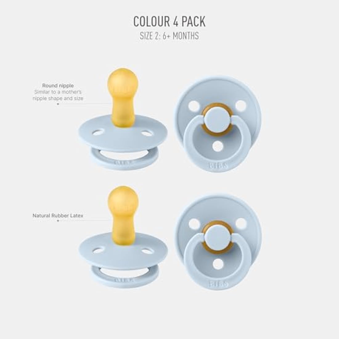 BIBS Colour Pacifier 4-Pack | Natural Rubber Latex Soothers | Size 2