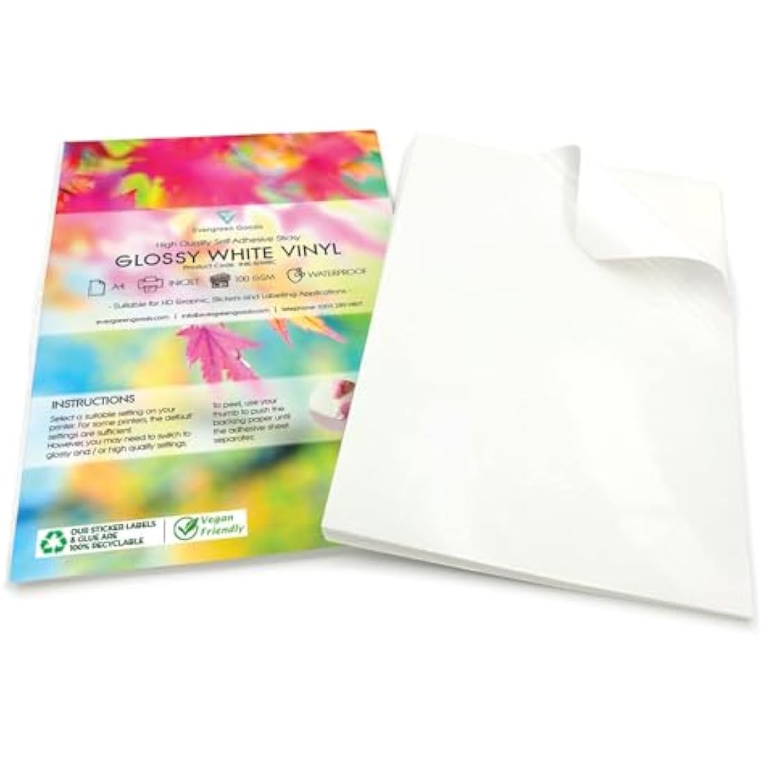 Evergreen Goods A4 Waterproof Vinyl Sticker Paper – 100 Glossy White Sheets