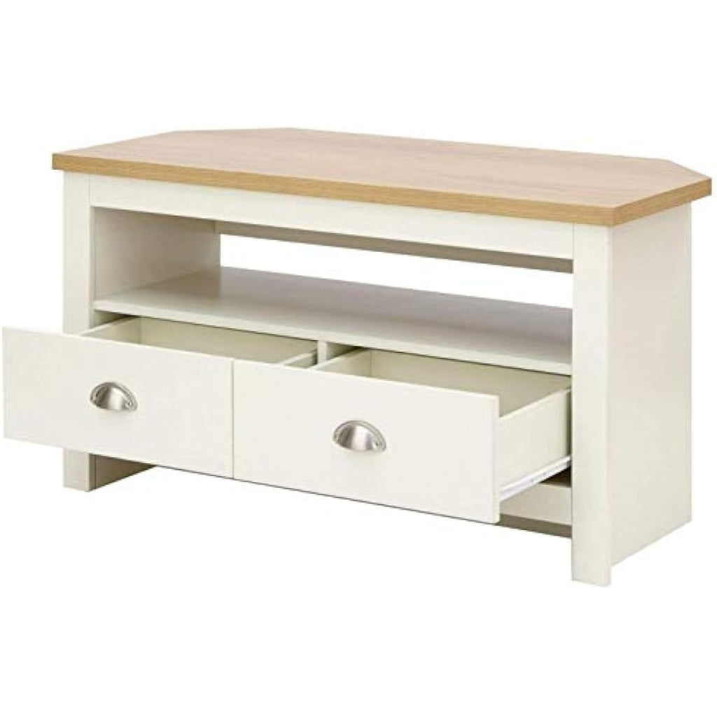 GFW Lancaster Corner TV Unit – Cream Wood Cabinet with 2 Drawers