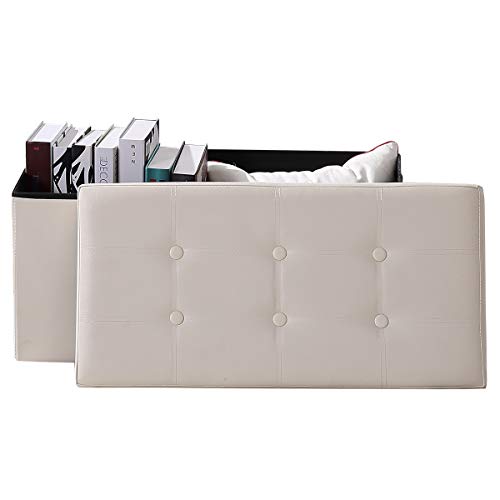 BRIAN & DANY Faux Leather Storage Ottoman Bench - Foldable, Cream