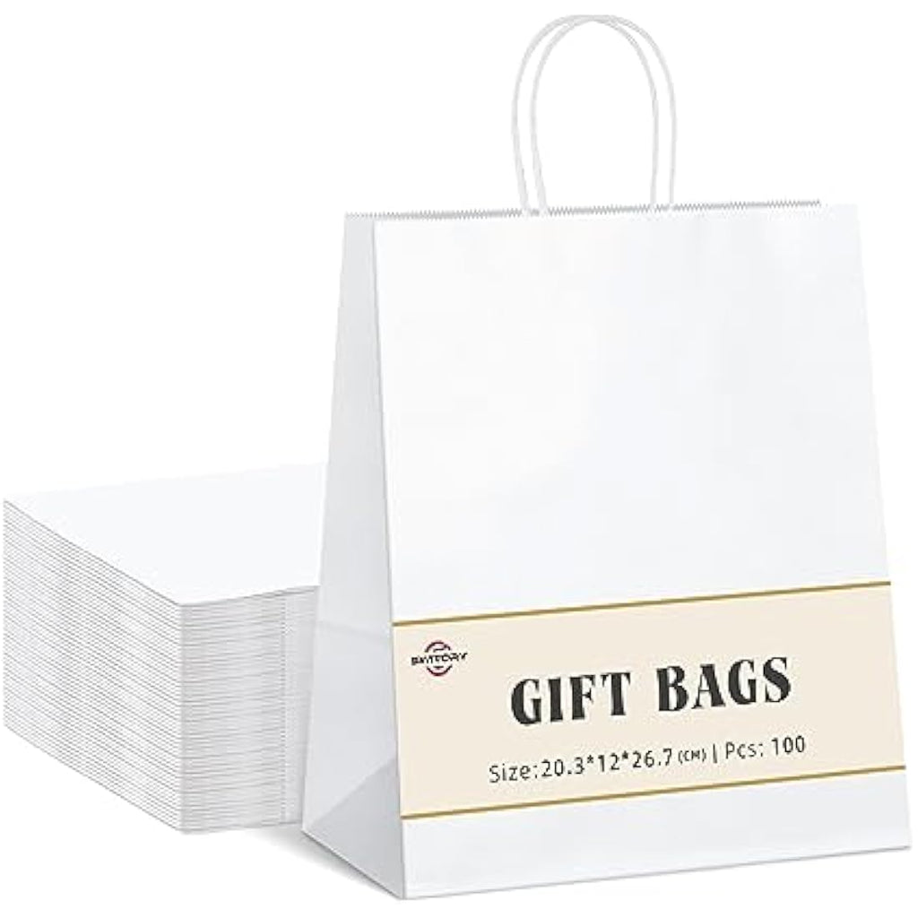 Switory White Kraft Paper Gift Bags with Handles - 100 Pack, 8x4.75x10.5"