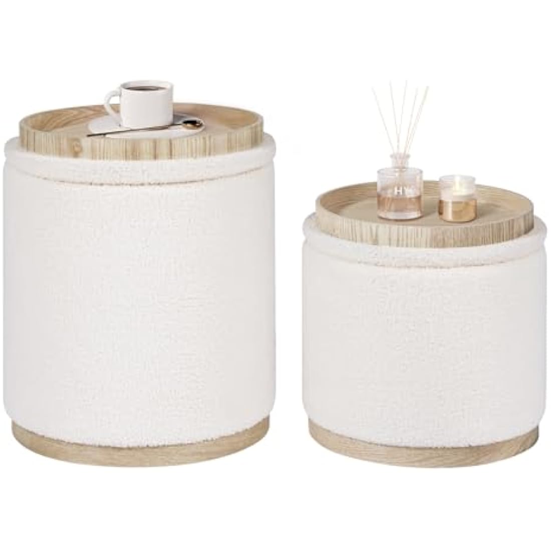 Bonlife Round White Boucle Storage Ottoman Set of 2 – Vanity Stool