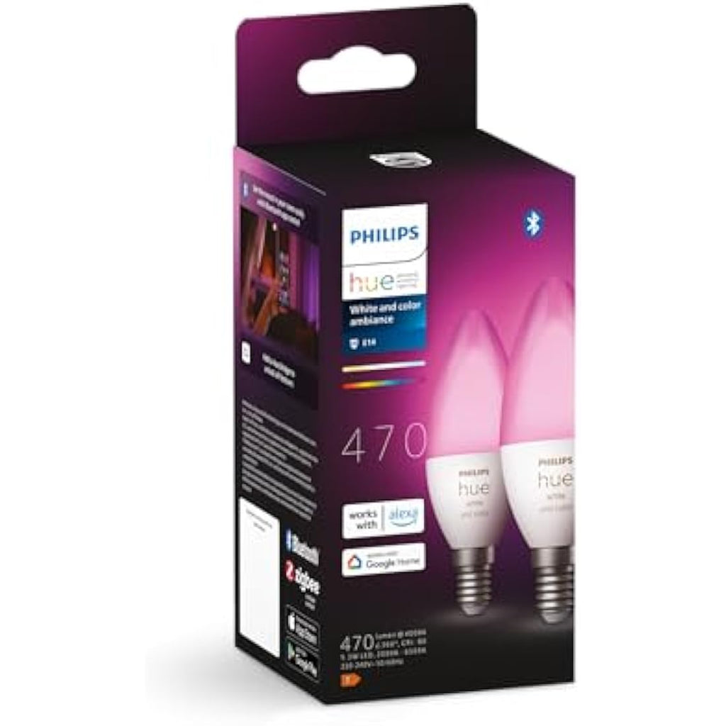 Philips Hue Smart LED E14 Bulbs – Colour Changing B39 Candle 2-Pack