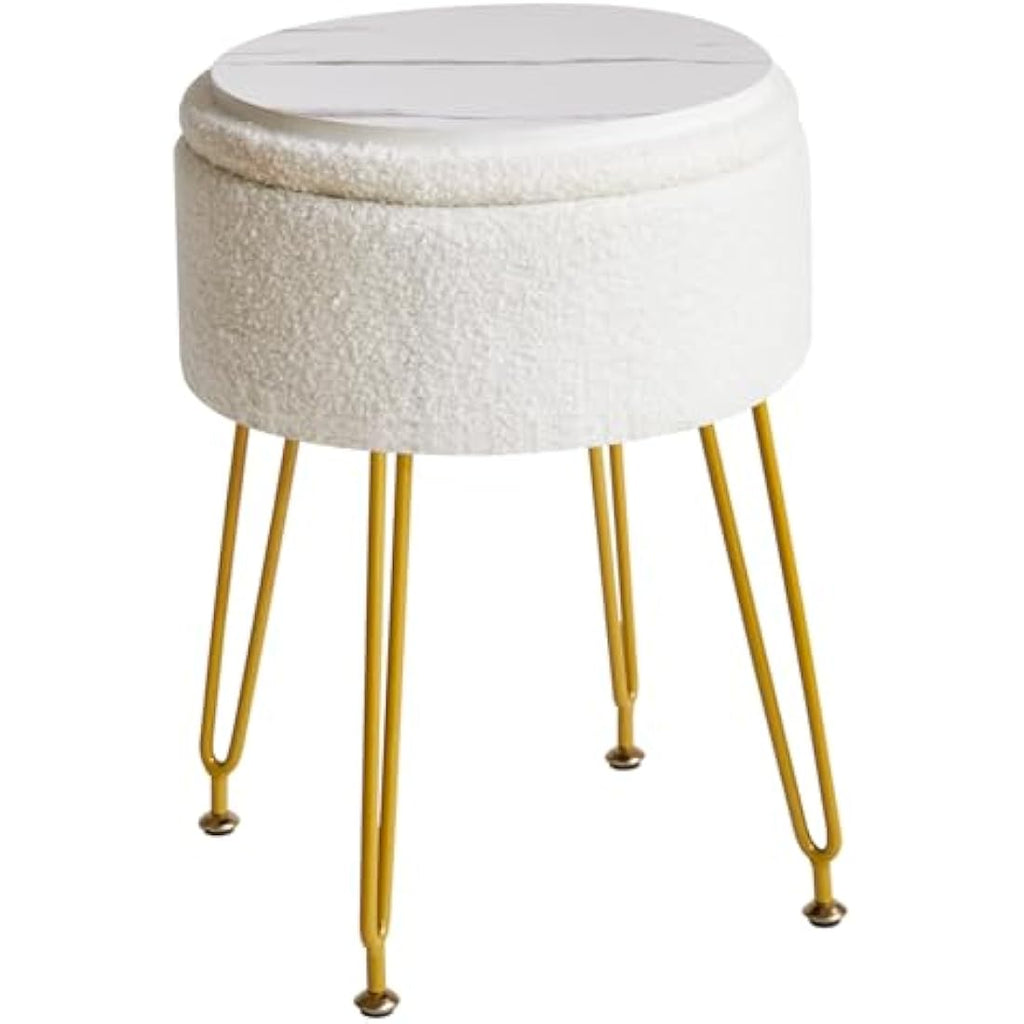 IBUYKE Teddy Velvet Storage Ottoman – Vanity Stool with Gold Legs, White