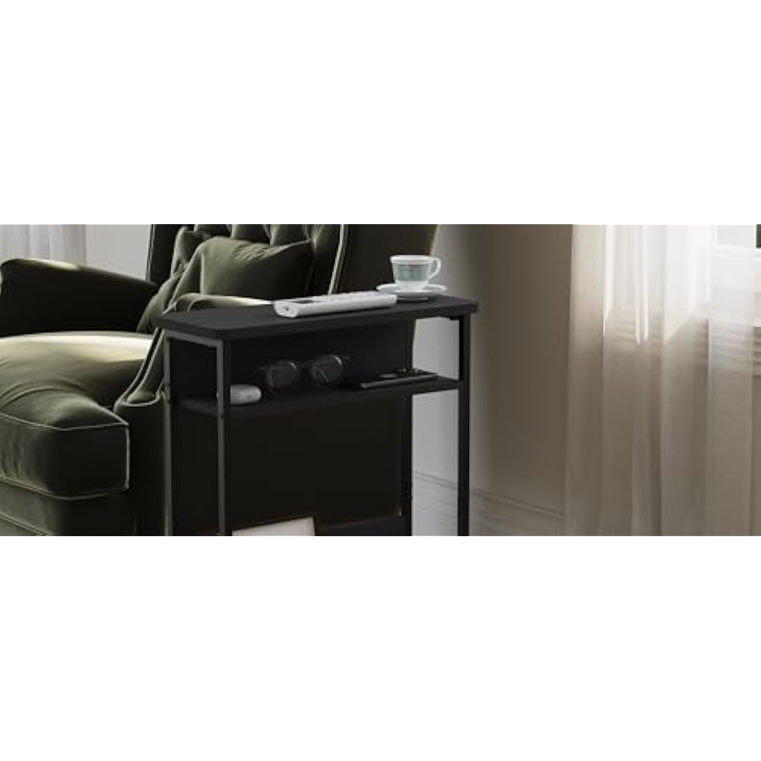 YEAKOO Narrow Side Table – 3-Tier Slim End Table with Storage Shelf