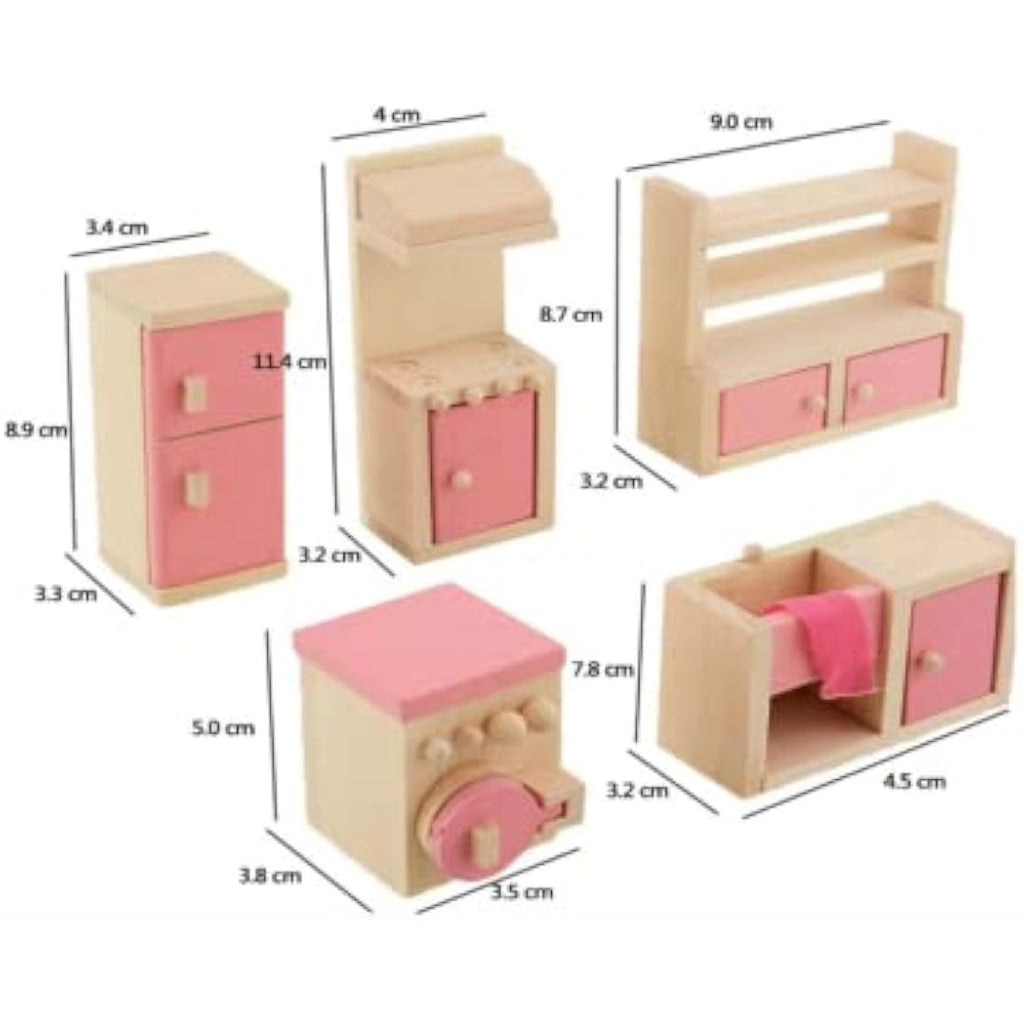 DecoBay Wooden Dollhouse Furniture - 6 Room Sets and 7 Family Dolls