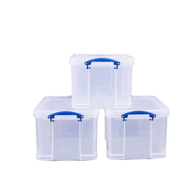 Really Useful Box 35L Clear Plastic Storage Bins, Stackable 3-Pack