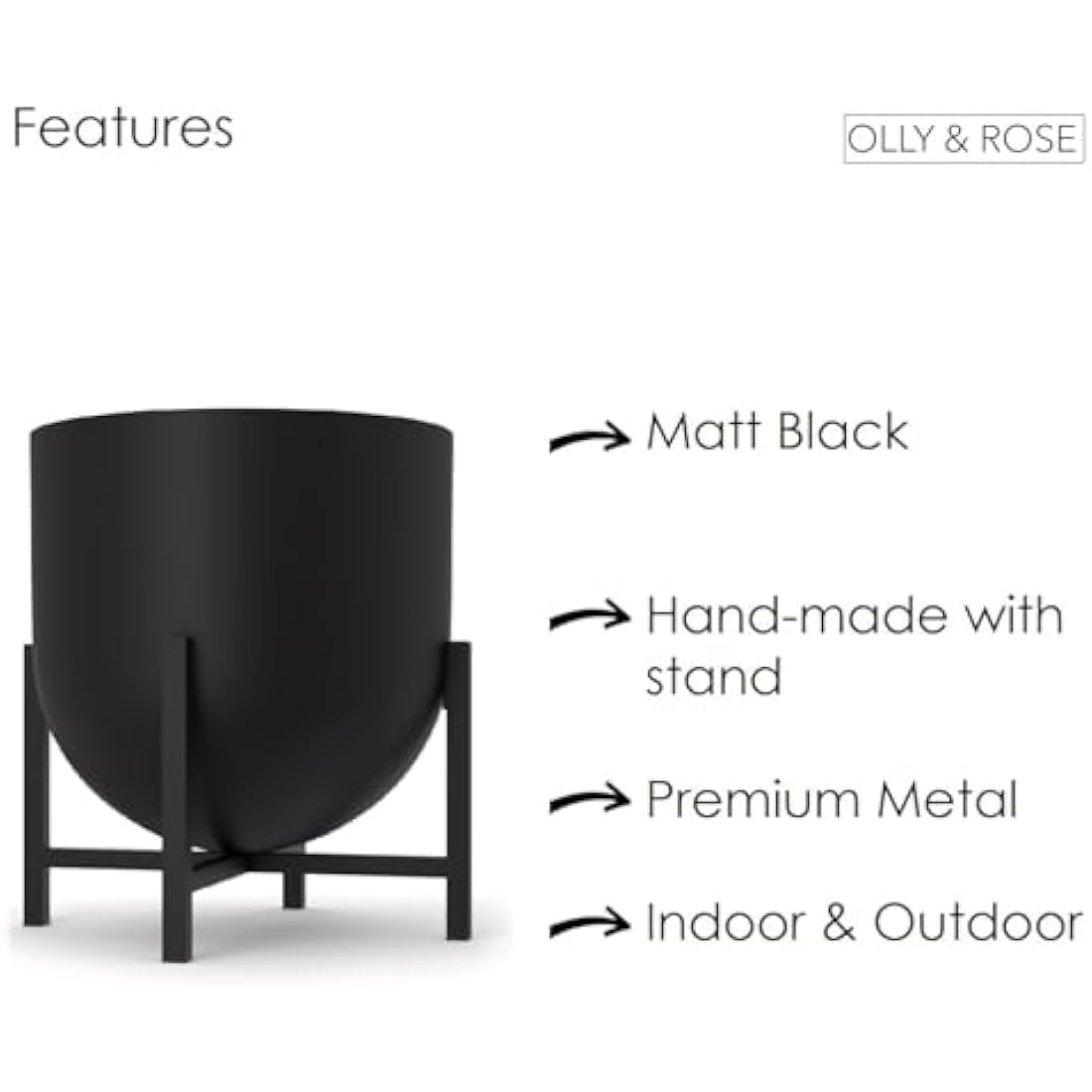 Olly & Rose Metal Indoor Plant Pot with Stand – Matt White, 22cm