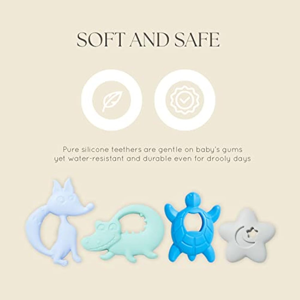 Dodo Babies Silicone Teething Toy and Pacifier Clip Set - Blue Animals