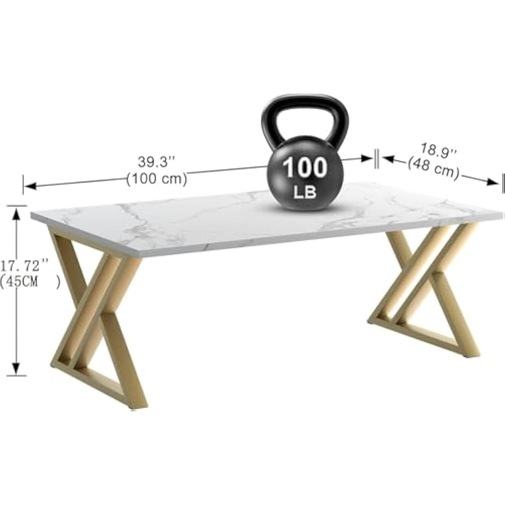 Jolof Store Modern Rectangular Coffee Table | White & Gold Metal Frame