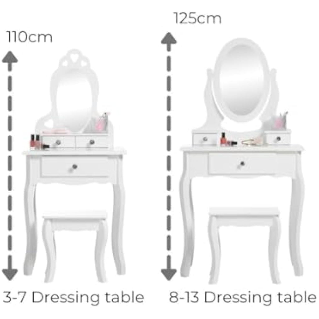 Runesol Girls White Wooden Dressing Table Set with Mirror and Stool