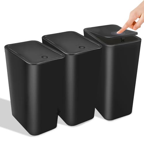 Kssvzz 3-Pack 10L Slim Bathroom Bins with Lid | Black Plastic Waste Bin