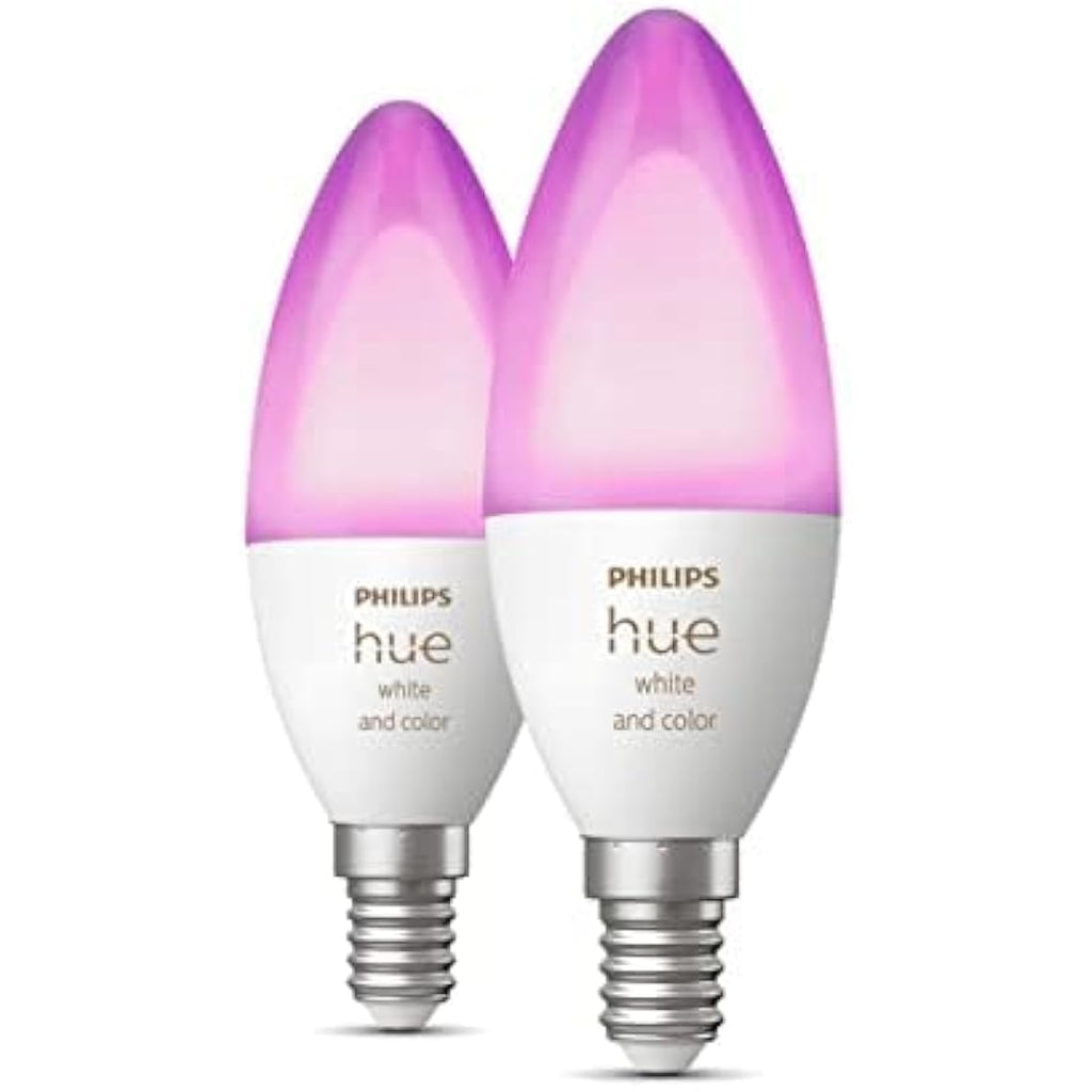 Philips Hue Smart LED E14 Bulbs – Colour Changing B39 Candle 2-Pack
