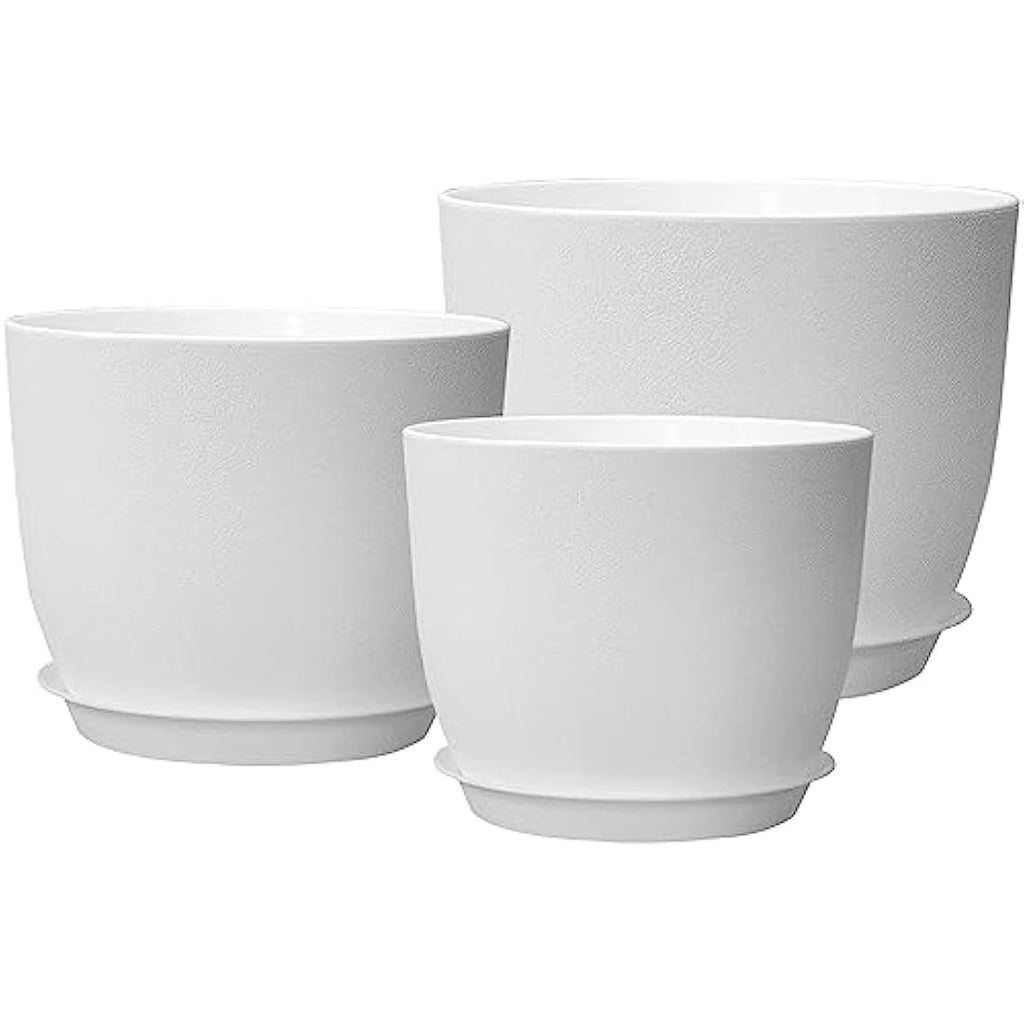 PROFIKLA Plastic Plant Pots with Drainage and Saucers - Set of 3, White
