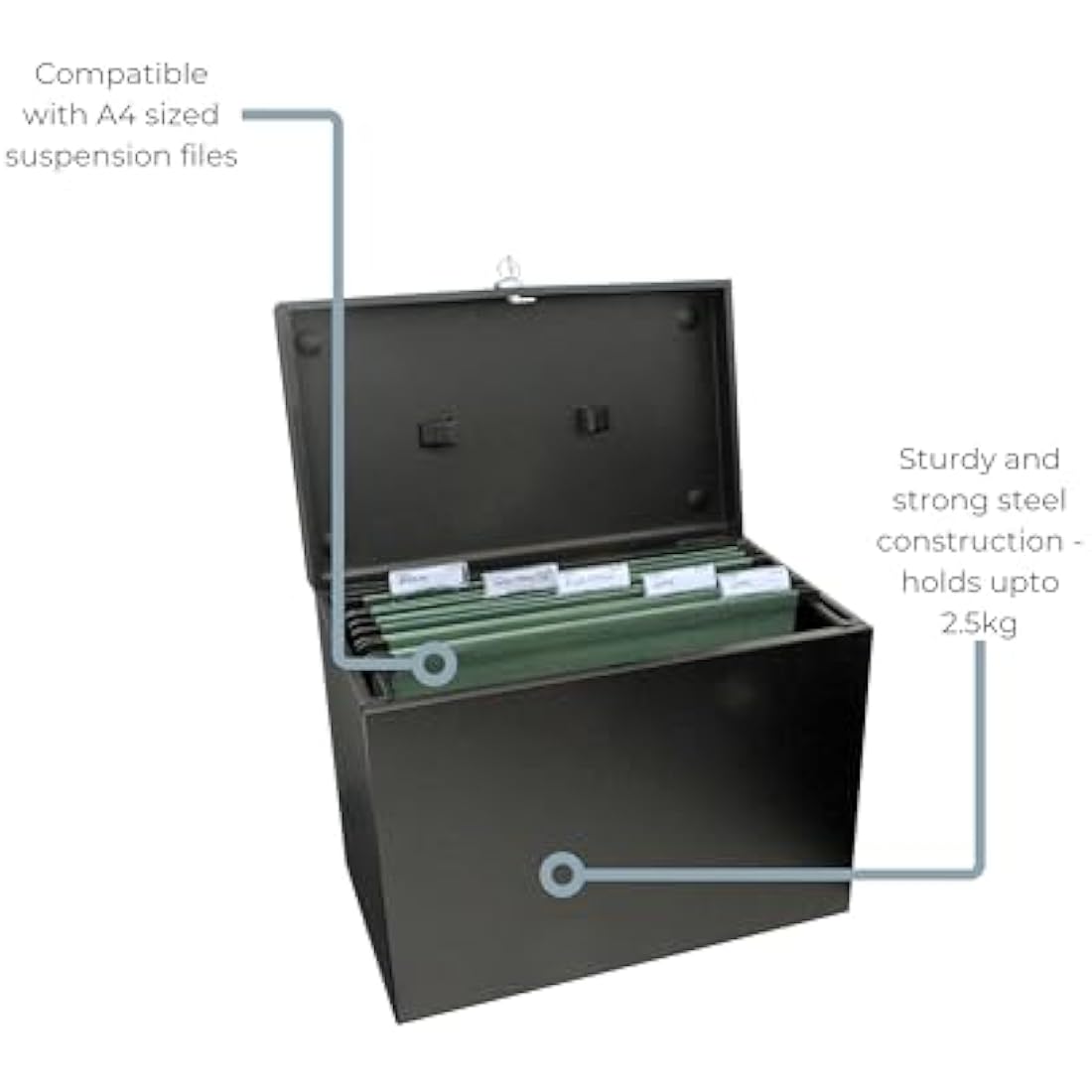 Cathedral A4 Steel File Box with 5 Suspension Files & Lock – Black