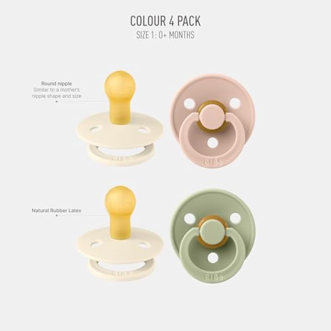 BIBS Colour Pacifiers 4-Pack | Natural Rubber Latex Soothers, 0-6 Months