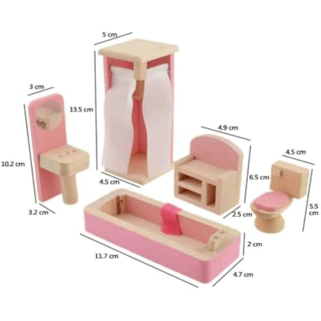 DecoBay Wooden Dollhouse Furniture - 6 Room Sets and 7 Family Dolls
