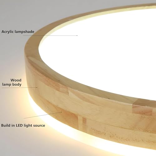 YYUTLUO Wood LED Ceiling Light | 360° Glow Round Oak Flush Mount Lamp