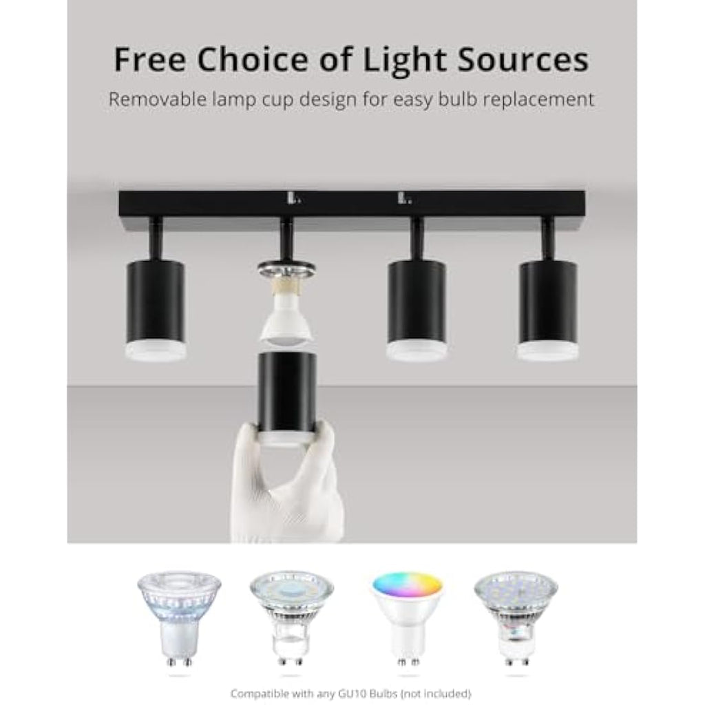 Gr4tec 4-Way Black Ceiling Spotlight Bar | Rotatable GU10 Modern Light