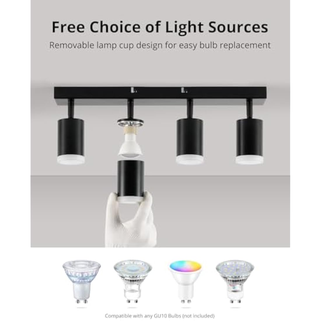 Gr4tec 4-Way Black Ceiling Spotlight Bar | Rotatable GU10 Modern Light