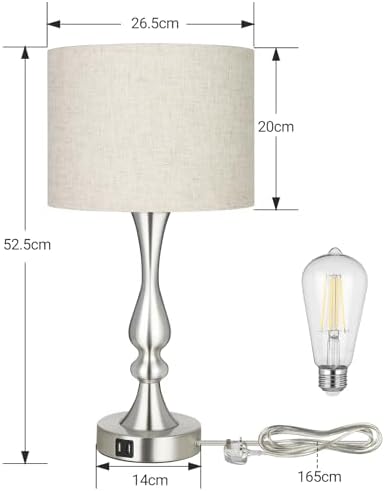 EDISHINE Touch Bedside Lamps Set of 2 | 3-Way Dimmable USB Table Lamps