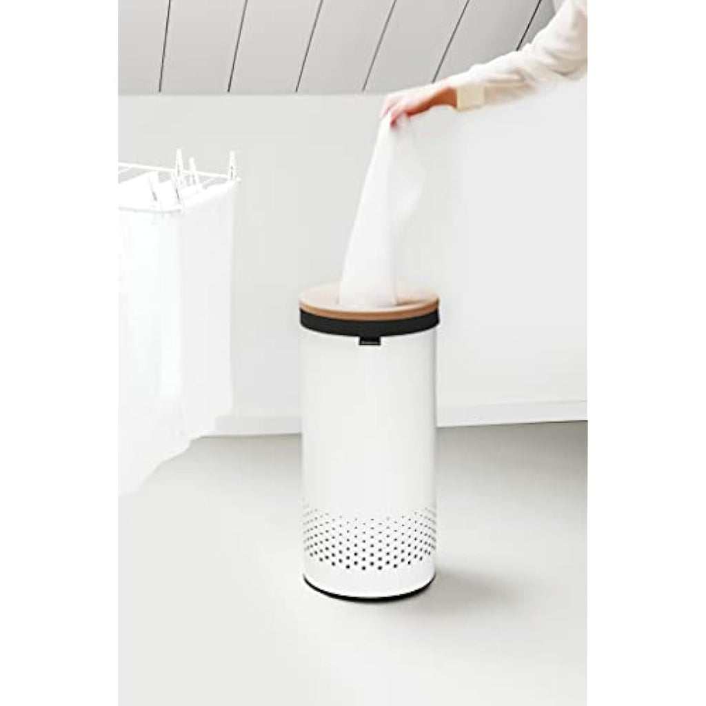 Brabantia 35L Laundry Bin – White Hamper with Cork Lid & Bag