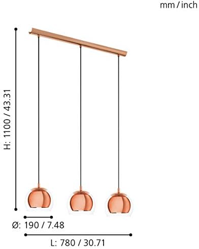 EGLO Rocamar 3-Light Pendant - Copper Steel & Glass Ceiling Light