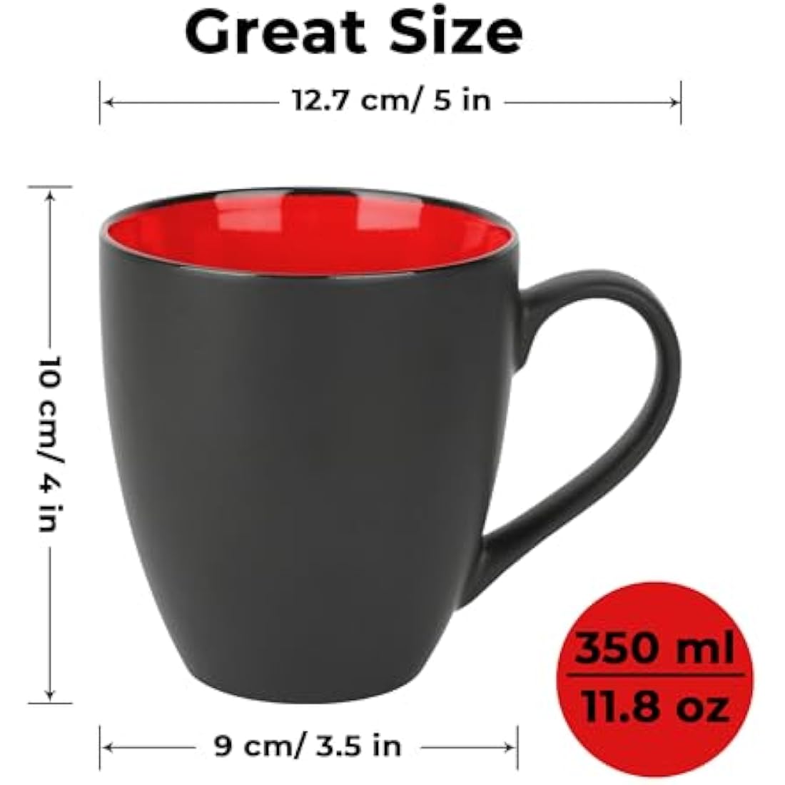 MIAMIO Stoneware Coffee Mug Set – 6 x 350ml Matte Black & Red Cups